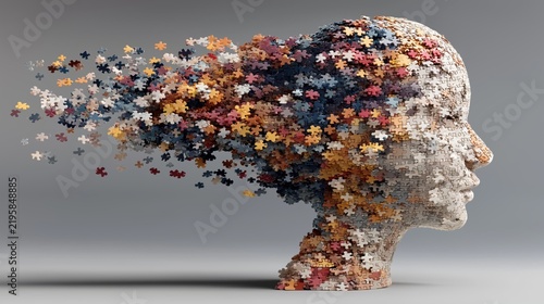 Creative expression flows as puzzle pieces form a woman's head with vibrant colors drifting away