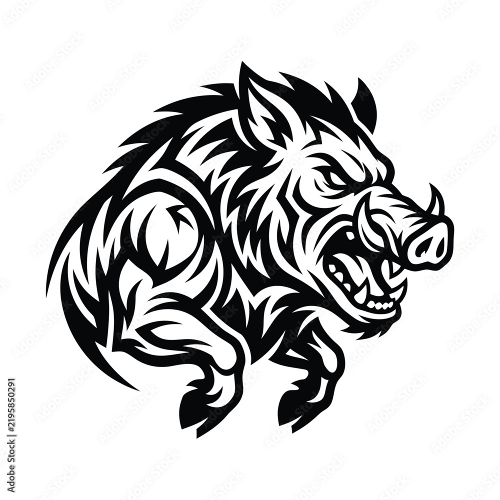 Obraz premium Bold black and white wild boar mascot illustration with dynamic tribal linework, sharp tusks, and powerful fantasy character design.
