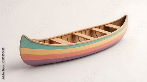 A small wooden canoe with colorful stripes isolated on a white background.