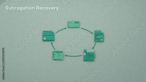 Subrogation follows a standing workflow from insurer payout and rights assignment to a recovery claim against the liable third party and settlement. Flat 3D style; an English title card.