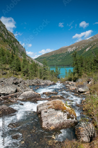 Morning view of Shavla river and the Lower Shavlinsky lake, glacial lake in the Altai mountains, Russian Federation