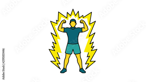 A stylized athlete striking a power pose surrounded by yellow lightning bolts, conveying energy, strength, vitality and confident fitness on white background