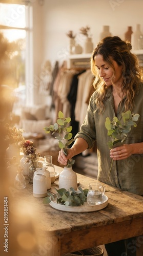 Florist Arranging Eucalyptus Stems in a Sunlit Studio