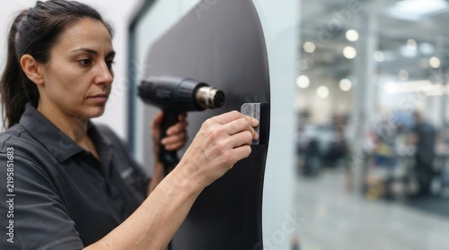 Technician Applying Vinyl Wrap with Heat Gun in a Workshop
