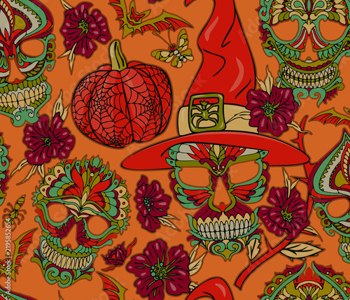 Seamless Halloween pattern with hand drawn sugar skulls wearing a witch hat, pumpkin, and bats on orange background. Festive Day of the Dead illustration for wallpaper and textile