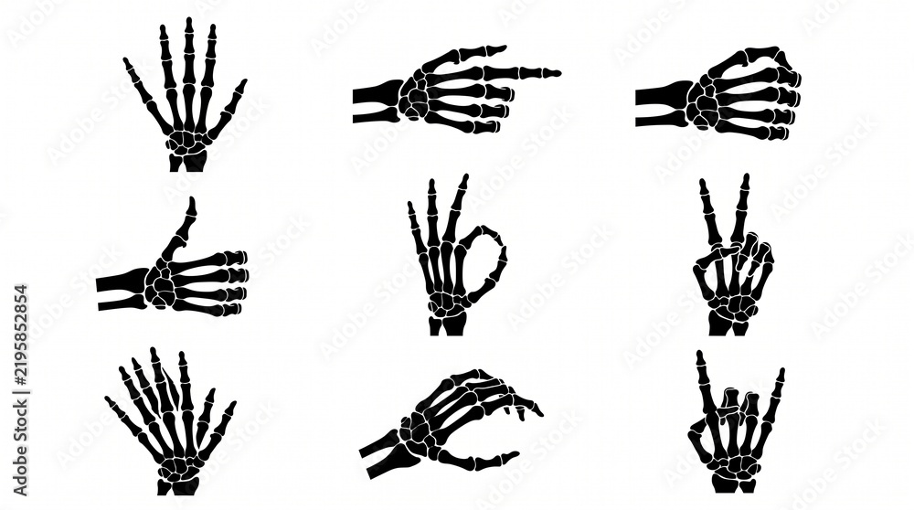 Fototapeta premium Nine black silhouette illustrations of skeletal hands in varied gestures, including open palm, pointing, fist, thumbs-up, and “OK” sign, showing phalanges, metacarpals, and wrist bones, symbolizing an
