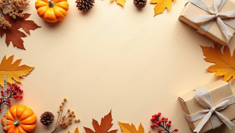 Fototapeta premium Autumn gift flat lay with wrapped presents, pumpkins, maple leaves and berries arranged around an empty beige background, creating a festive seasonal composition with copy space for text, branding and