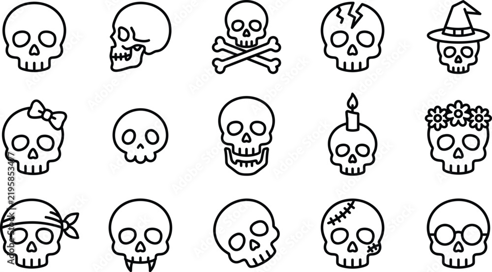 Obraz premium skull, vector, icon, spooky, halloween, design, graphic, outline, set, death, skeleton, bone, Adobe Illustrator Artwork