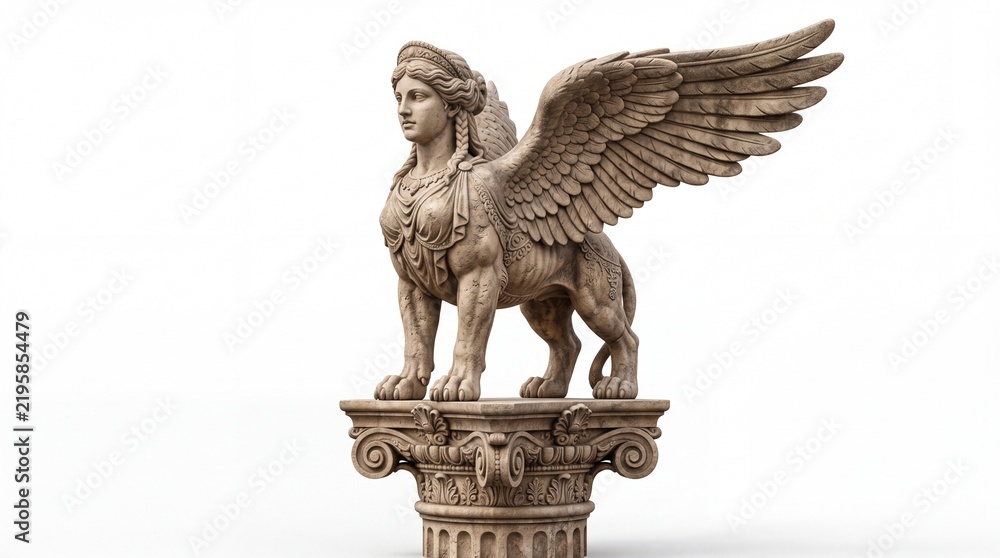 Fototapeta premium Ancient sphinx statue with ornate carved wings perched elegantly atop a classic stone pillar on white background