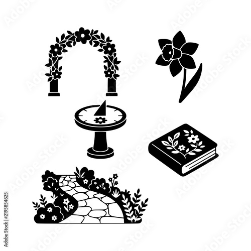 Floral arch daffodil flower garden silhouette vector illustration, Floral arch daffodil garden silhouette set