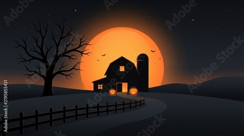 Silhouette of a rustic barn and bare tree under a large glowing orange full moon