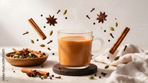 Steaming glass mug of masala chai tea with floating aromatic spices like cinnamon sticks star anise cloves cardamom and black peppercorns on a light background