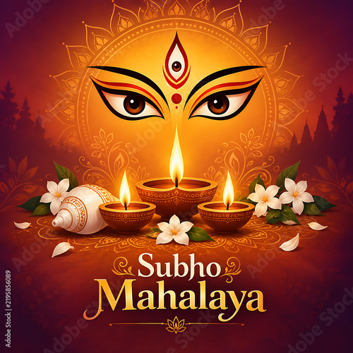 Stylized goddess durga eyes with glowing diyas conch flowers and temple silhouettes celebrating mahalaya symbolism and devotional durga puja festive background design