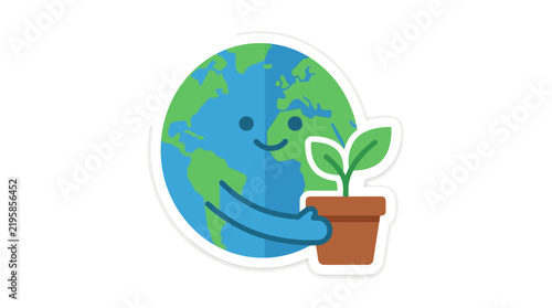 Charming cartoon Earth character hugging a potted plant, symbolizing environmental protection, global sustainability, and the vital importance of nature