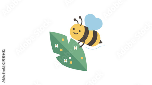 Cute Cartoon Bee Character Resting on a Decorative Green Leaf Illustration for Playful Nature Inspired Graphic Design Projects