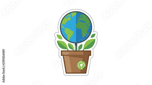 Earth globe growing from flower pot with green leaves ecology sticker icon