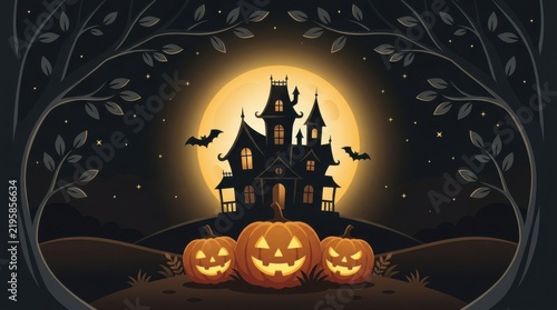 Bats flying around a haunted house with jack o lanterns under a full moon at night