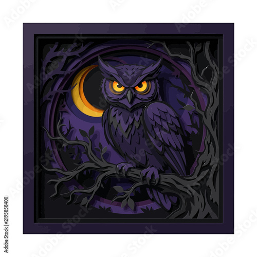Mysterious owl perched on branch against crescent moon and dark forest