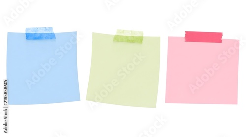 Three colorful sticky notes attached with masking tape colorful reminder stationery reminders adhesion organizer planning management communication information supplies business schedule