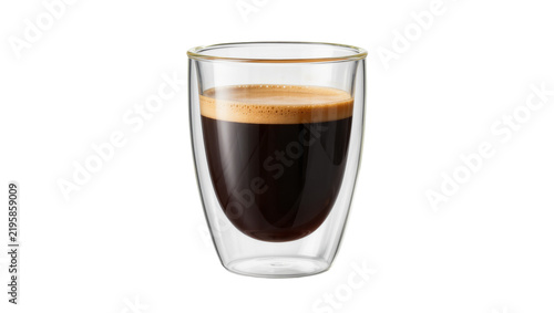 Double-walled glass cup filled with dark espresso coffee, isolated on transparent background