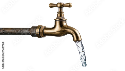 Antique brass water tap with flowing water, isolated on transparent background