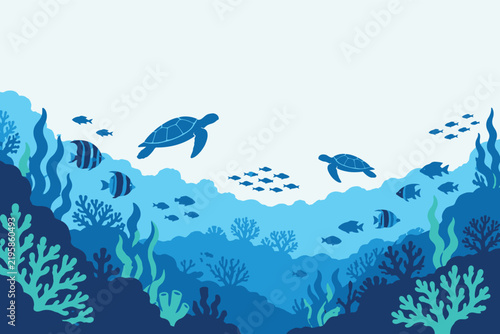 Underwater coral reef silhouette vector, blue sea life background with sea turtles and tropical fish, marine ecosystem illustration for ocean conservation