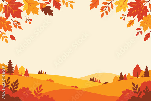 Autumn landscape background with falling maple leaves, scenic fall nature valley with rolling hills, seasonal orange foliage vector illustration