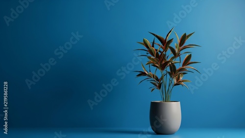 Small green houseplant with variegated leaves in a simple grey ceramic pot placed against a solid deep blue wall, interior home decor with soft lighting and minimalist aesthetic style