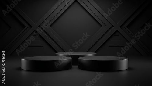 Three black circular pedestals of varying heights arranged on a dark floor against a geometric black wall with diamond patterns, luxury product display stand for high-end fashion or tech