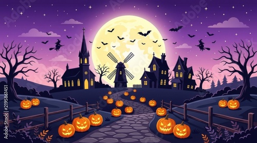 Bats flying over a spooky village with a full moon and glowing pumpkins at night