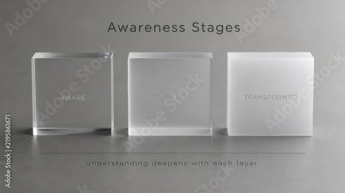 Three acrylic blocks labeled Aware, Insightful, and Transformed for Awareness Stages concept on a grey studio background, symbolizing progress and deepened understanding layers.