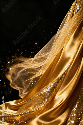 Elegant gold silk fabric dress flowing with glitter and sparkling light effects