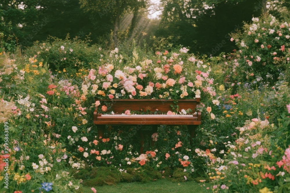Obraz premium Piano surrounded by blooming roses in a dreamy garden