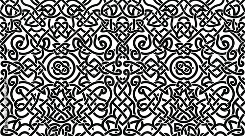 Black and white seamless celtic knot pattern with intricate interlaced geometric lines