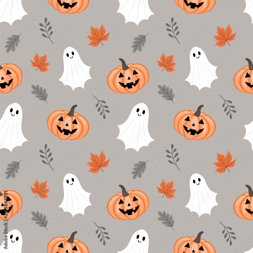 Fototapeta premium Cute Halloween vector seamless pattern with jack-o-lantern pumpkins, friendly ghosts, and autumn leaves on neutral grey background for party decor, apparel, and wallpaper.