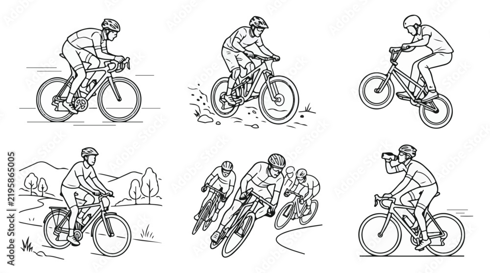 Obraz premium Male Cyclists Riding Bicycle Poses Line Art Vector Set 