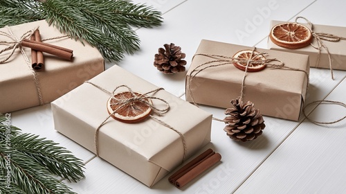 Rustic Christmas gift wrapping flat lay with natural holiday decorations