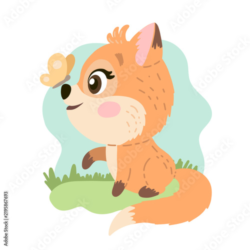 Cute funny fox illustration sitting with a butterfly on his nose. Hand drawn vector children character
