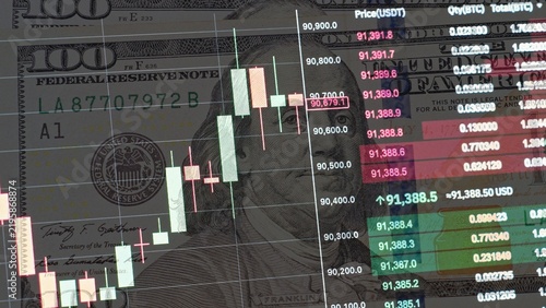 Foto Candlestick Chart And Market Quotes Over US Dollar Bills