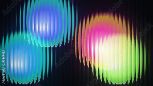 abstract colorful glowing neon orbs shift behind a vertical ribbed glass texture against a dark background in a seamless loop.