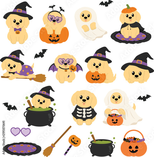 Cute Kawaii Golden Retriever Halloween Puppy Costume Clipart Set