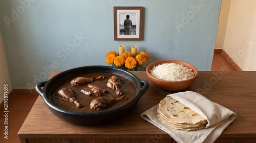 Traditional Mexican chicken mole dish with rice and tortillas. Authentic Day of the Dead altar setup with cempasuchil flowers and framed portrait