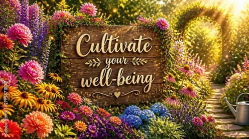 Flourishing garden scene with a wooden sign reading Cultivate your well-being, surrounded by colorful dahlias, hydrangeas, and a sunlit stone path leading to a floral garden arch.