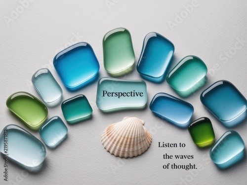 Flat lay of polished translucent blue and green decorative glass stones arranged around a small white seashell on a textured background with inspirational text perspective and thought.