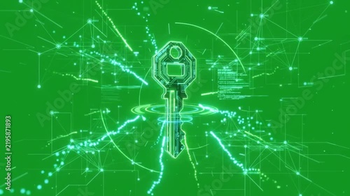Cyber security digital key icon with network connections on green screen