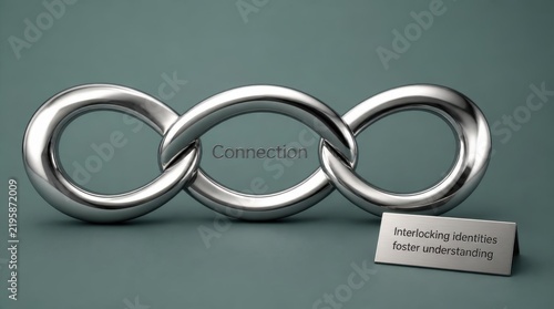 Three interlocking polished chrome loops on a dark teal background featuring the word Connection and a silver plaque with the text Interlocking identities foster understanding.
