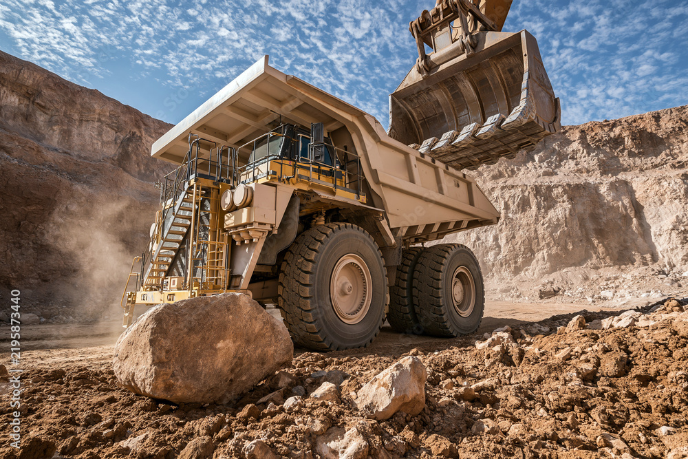 Fototapeta premium An industrial mining vehicle, a large haul truck, is positioned in a dusty quarry, positioned under a large metal excavator bucket.