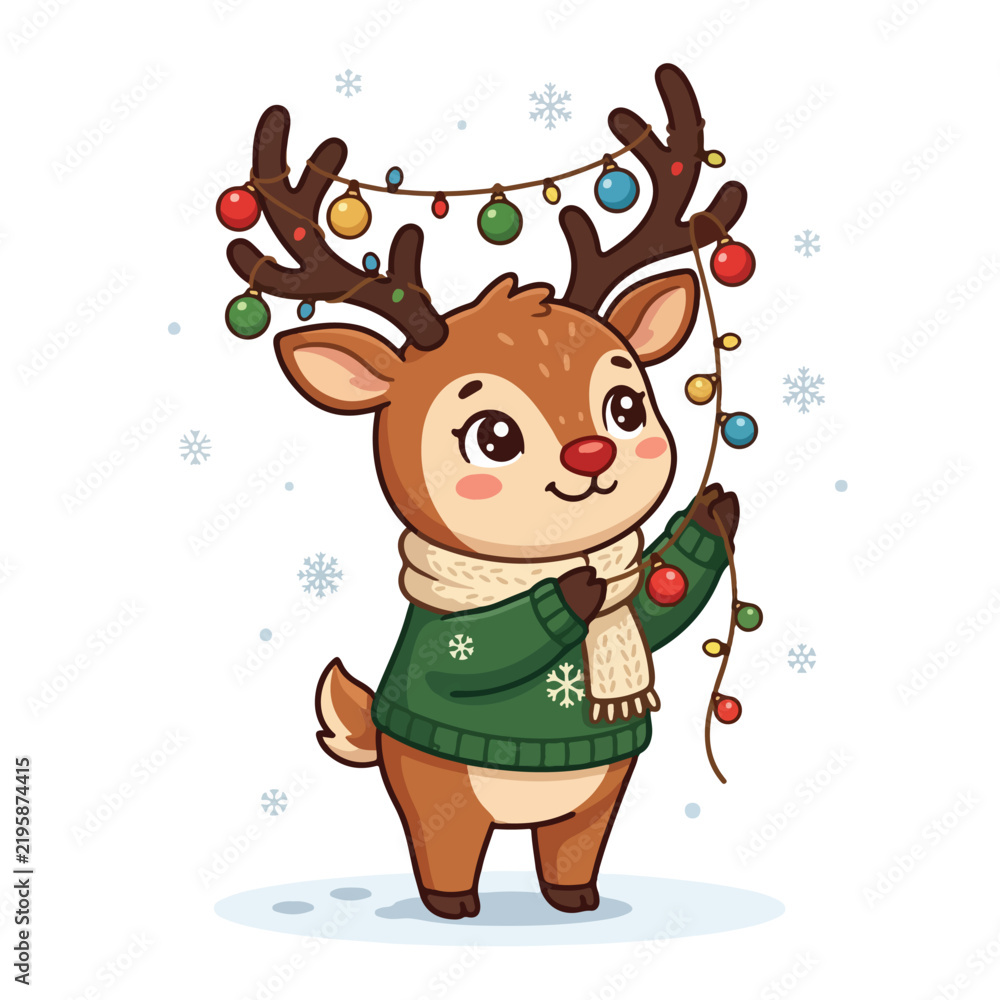 Fototapeta premium Cute christmas deer mascot holding colorful holiday lights wearing winter sweater