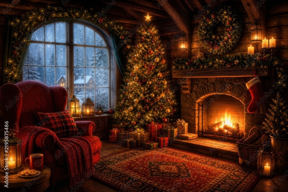 Obraz premium Cozy Christmas living room with fireplace and decorated tree