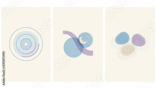 Abstract geometric circles and soft shapes in blue and purple tones for calm wall collection
